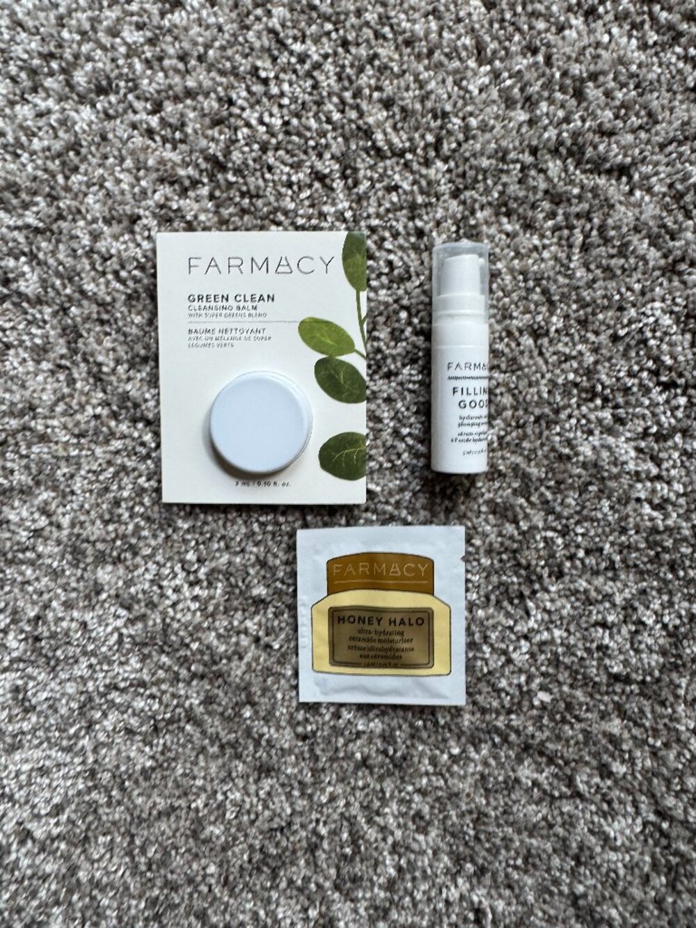 Farmacy Green Clean Cleansing Balm, Filling Good, Honey Halo Moisturizer Samples